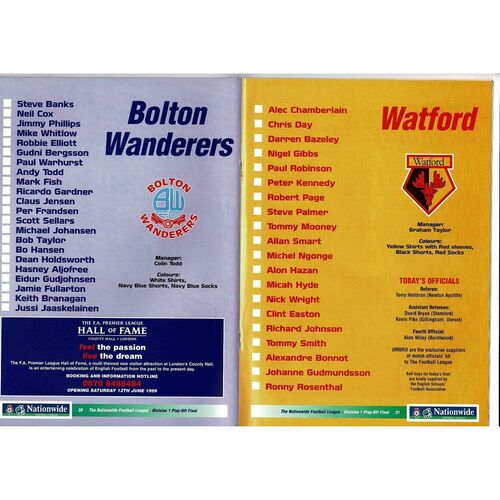 1999 Bolton Wanderers v Watford Play Off Final Div 1 Football Programme + Press cutting