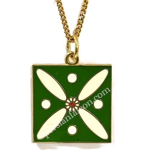 Pendant. The Persian Cross. White on Green with 1 Central Red Stone.