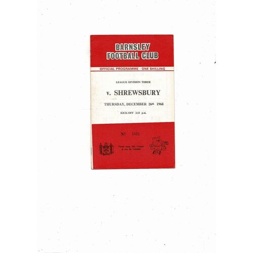1968/69 Barnsley v Shrewsbury Town Football Programme