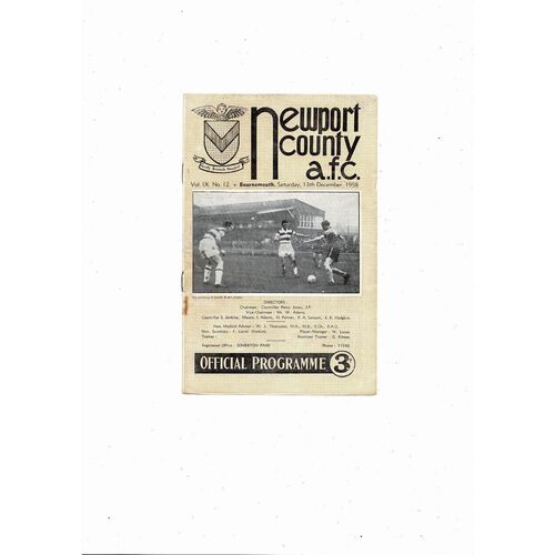 1958/59 Newport County v Bournemouth Football Programme