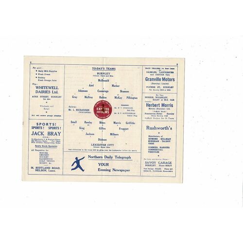 1954/55 Burnley v Leicester City Football Programme