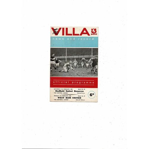 1965/66 Aston Villa v West Ham United Feb & Sheffield United Reserves Double Football Programme