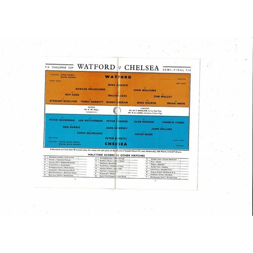 1970 Watford v Chelsea FA Cup Semi Final Football Programme @ Tottenham
