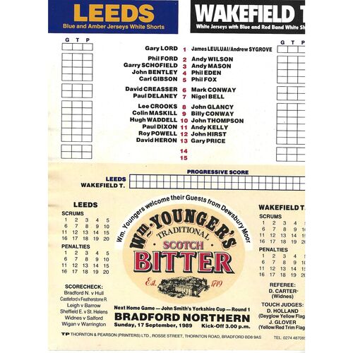 1989/90 Leeds v Wakefield Trinity (03/09/1989) Rugby League Programme