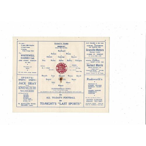 1954/55 Burnley v Huddersfield Town Football Programme