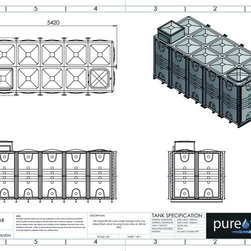 PW.5X2X2.IFB.AB - 20000 LITRE SECTIONAL WATER TANK, INTERNALLY FLANGED BASE (IFB) C/W FVH