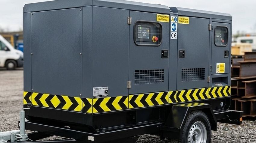 Towable site generator fitted with a high-visibility hazard chevron template graphic kit.