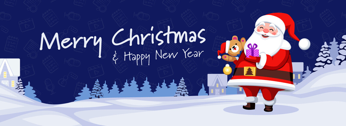 A fun cartoon snow scene of a village, with Santa carrying presents. To the left is a message wishing customers a Merry Christmas and a Happy New Year.