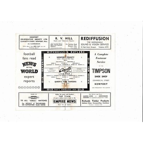 1958/59 Newport County v Queens Park Rangers Football Programme