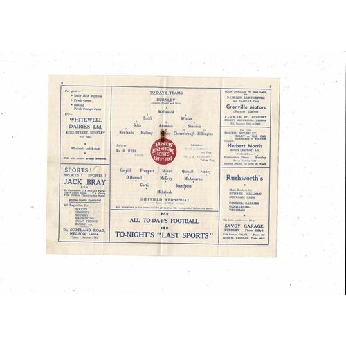 1956/57 Burnley v Sheffield Wednesday Football Programme