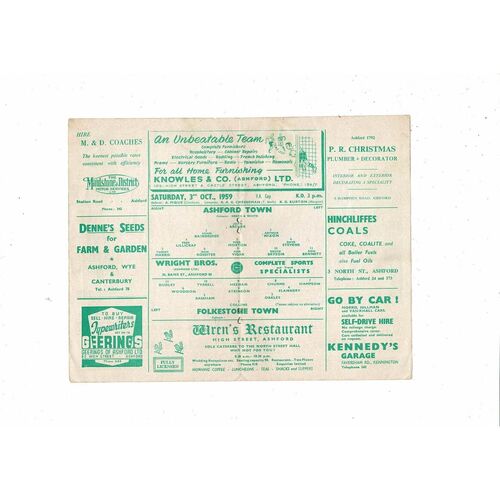 1959/60 Ashford Town v Folkestone Town FA Cup Football Programme