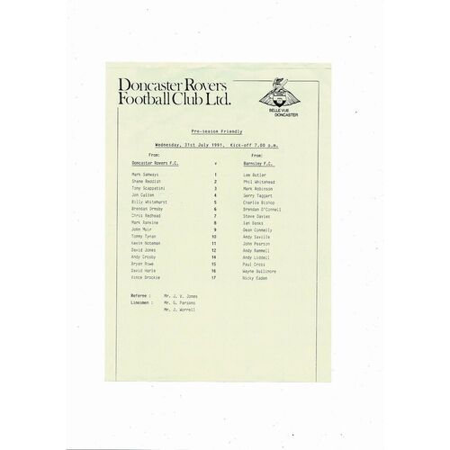 Doncaster Rovers v Barnsley Friendly Football Programme 1991/92