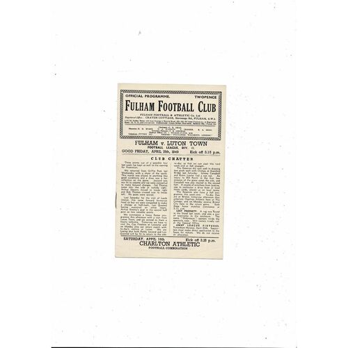 1948/49 Fulham v Luton Town Football Programme