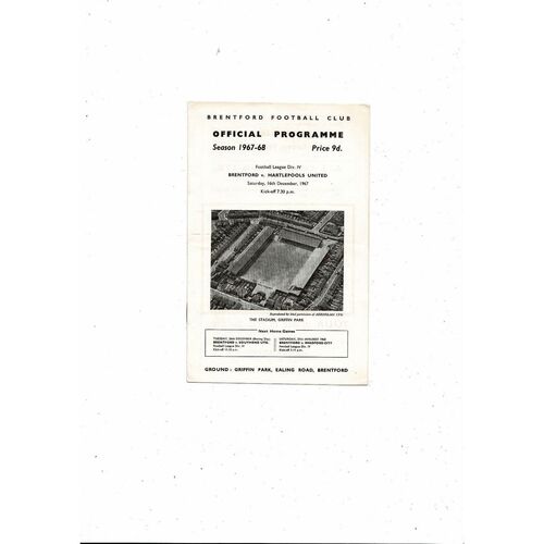 1967/68 Brentford v Hartlepool United Football Programme