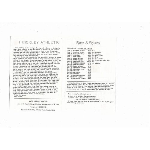 Hinckley Athletic v Crewe Alexandra FA Youth Cup Football Programme 1987/88