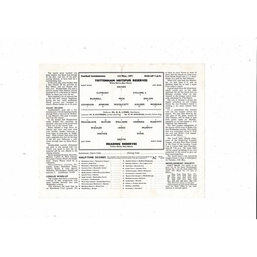 Tottenham Hotspur v Reading Football Combination Football Programme 1970/71