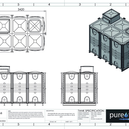 PW.3X2X2.IFB.AB - 12000 LITRE SECTIONAL WATER TANK, INTERNALLY FLANGED BASE (IFB) C/W FVH
