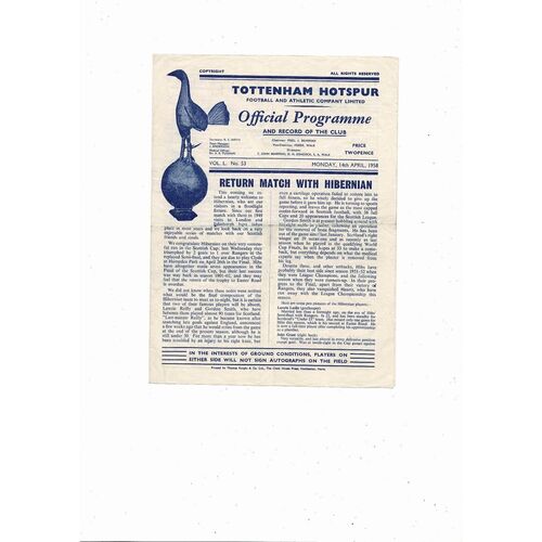 1957/58 Tottenham Hotspur v Hibernian Friendly Football Programme