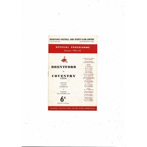 1961/62 Brentford v Coventry City Football Programme
