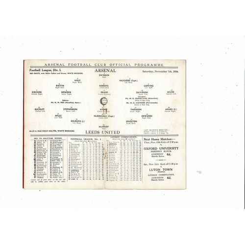 1936/37 Arsenal v Leeds United Football Programme