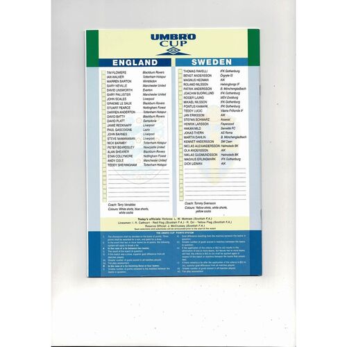 1995 England v Sweden Football Programme