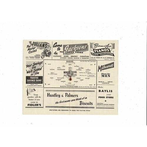Reading v Racing Club de Paris Friendly Football Programme 1954/55