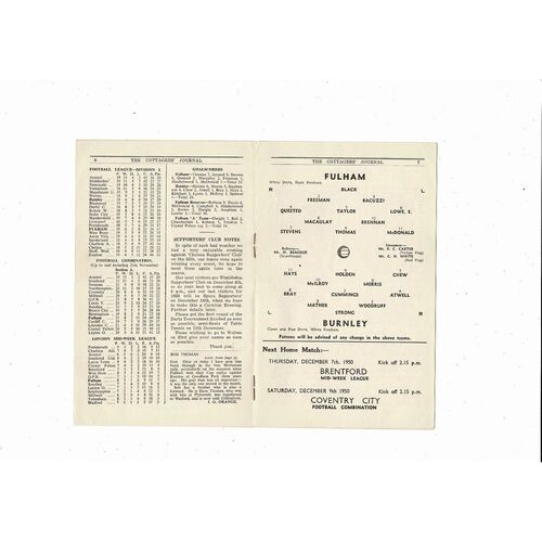 1950/51 Fulham v Burnley Football Programme