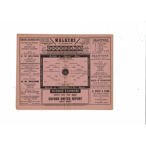 1961/62 Oxford United v Bath City Southern League Football Programme