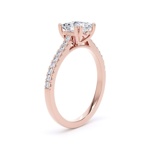 Princess cut double claw solitaire with diamond set shoulders