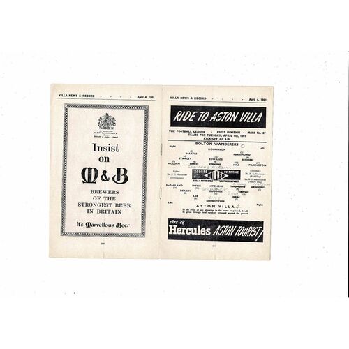 1960/61 Aston Villa v Bolton Wanderers Football Programme