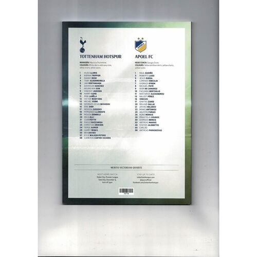 Tottenham Hotspur v Apoel FC Champions League Football Programme 2017/18