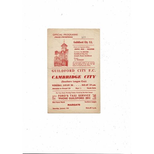 1963/64 Guildford City v Cambridge City Southern League Cup Football Programme