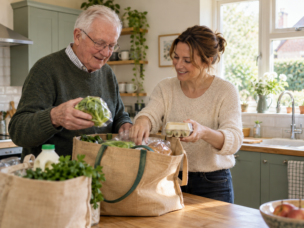Older man and Personal Assistant putting away groceries together in his kitchen.