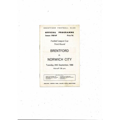 1968/69 Brentford v Norwich City League Cup Football Programme