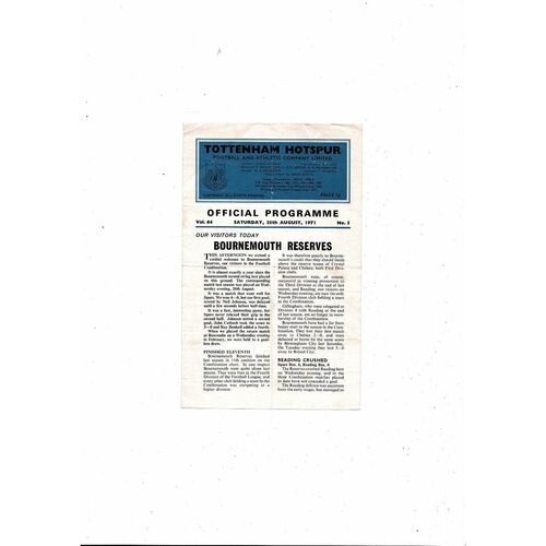 Tottenham Hotspur v Bournemouth Football Combination Programme 1971/72