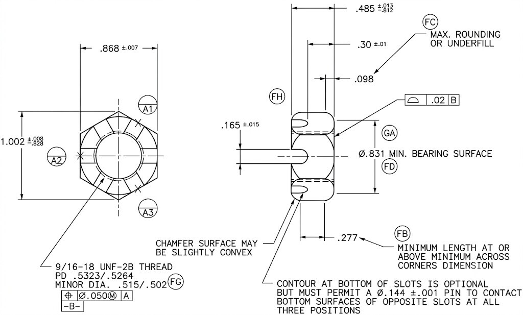 Bespoke Slotted Hex Nut Engineering Drawing, Technical engineering schematic blueprint of a custom-machined imperial UNF slotted hex nut showing precise manufacturing dimensions and tolerance details.