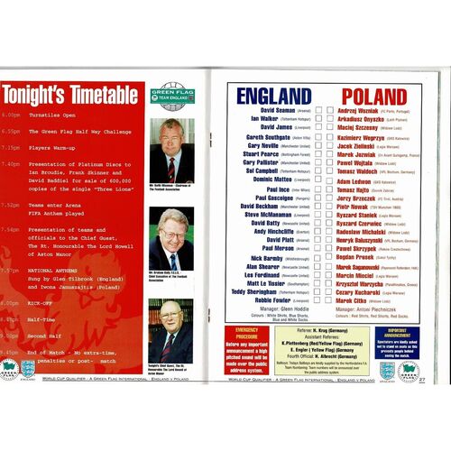 1996 England v Poland Football Programme