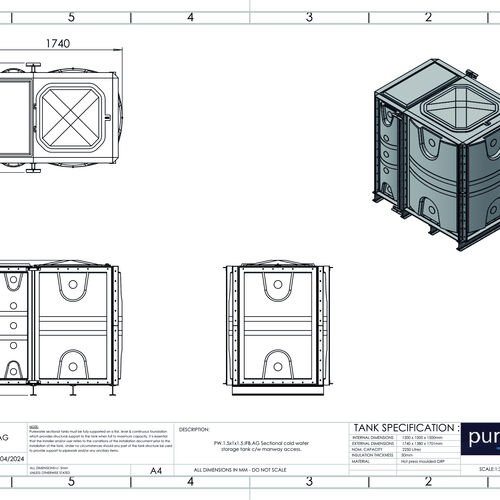 PW.1.5X1X1.5.IFB.AG - 2250 LITRE SECTIONAL WATER TANK, INTERNALLY FLANGED BASE (IFB)