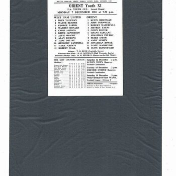 1981/82 West Ham United v Orient FA Youth Cup Football Programme