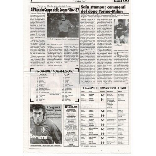 1992 Torino v Ajax UEFA Cup Final Football Programme
