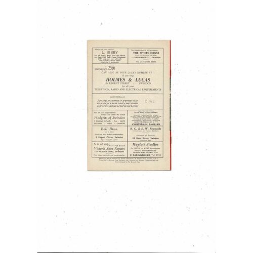 1959/60 Swindon Town v Brentford Football Programme