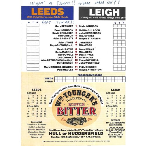 1987/88 Leeds v Leigh (30/08/1987) Rugby League Programme