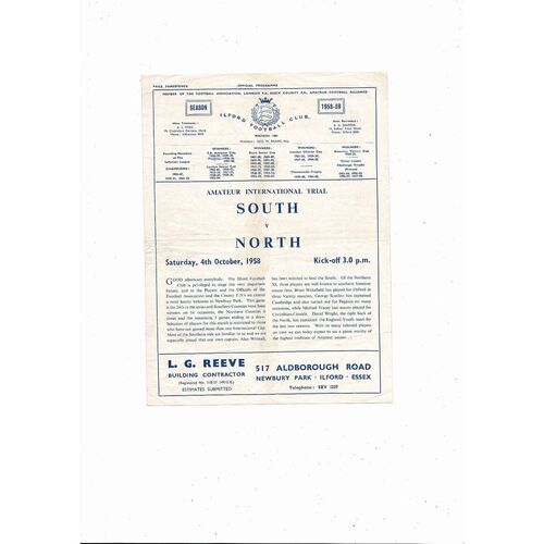 South v North Amateur International Trial Football Programme 1958 @ Ilford