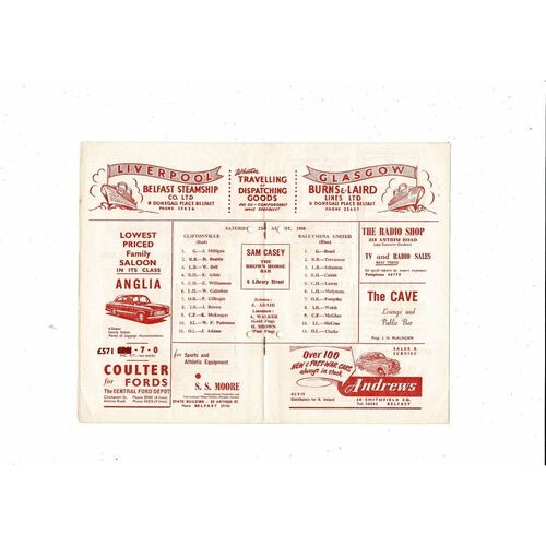 1958/59 Cliftonville v Ballymena United Football Programme