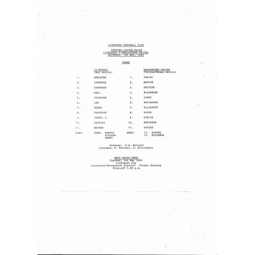 Liverpool v Manchester United Pontins League Football Programme 1992/93