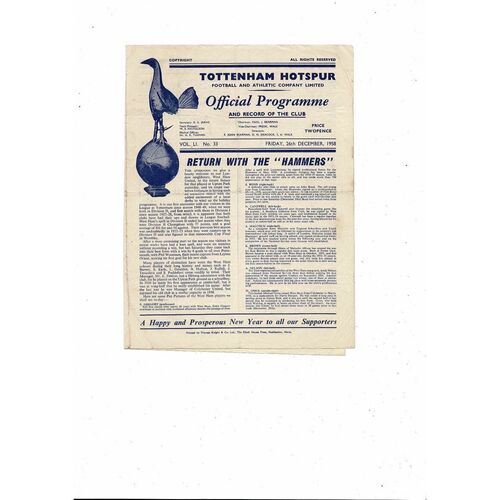 1958/59 Tottenham Hotspur v West Ham United Football Programme