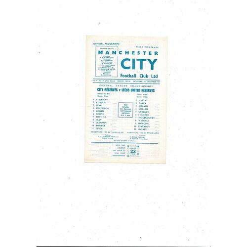 Manchester City v Leeds United Central League Football Programme 1967/68