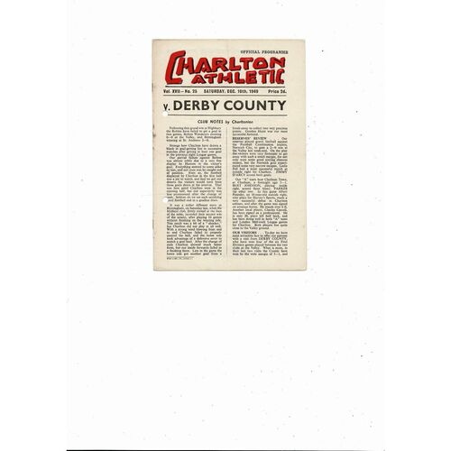 1949/50 Charlton Athletic v Derby County Football Programme