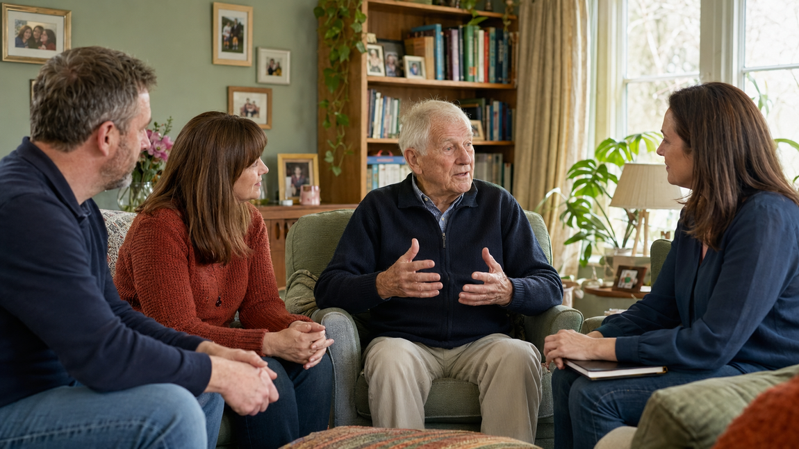 A plain-clothed carer helps a brother and sister discuss support with their older father in his home.