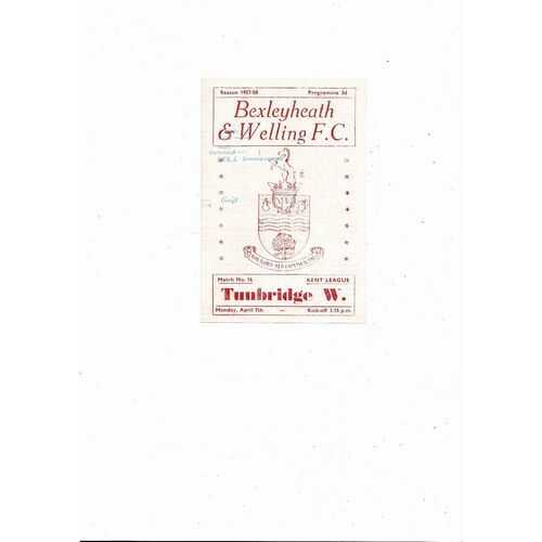 1957/58 Bexleyheath & Welling v Tunbridge Wells Kent League Football Programme